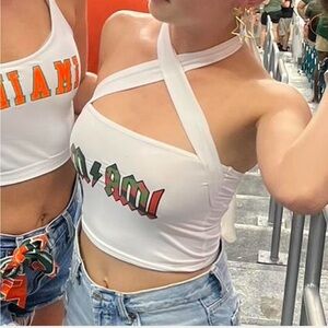 White orange and green University of Miami tank top with fun neck tie